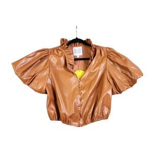 Alden Adair Womens Olivia Button Front Crop‎ Top Size Small Caramel Faux Leather